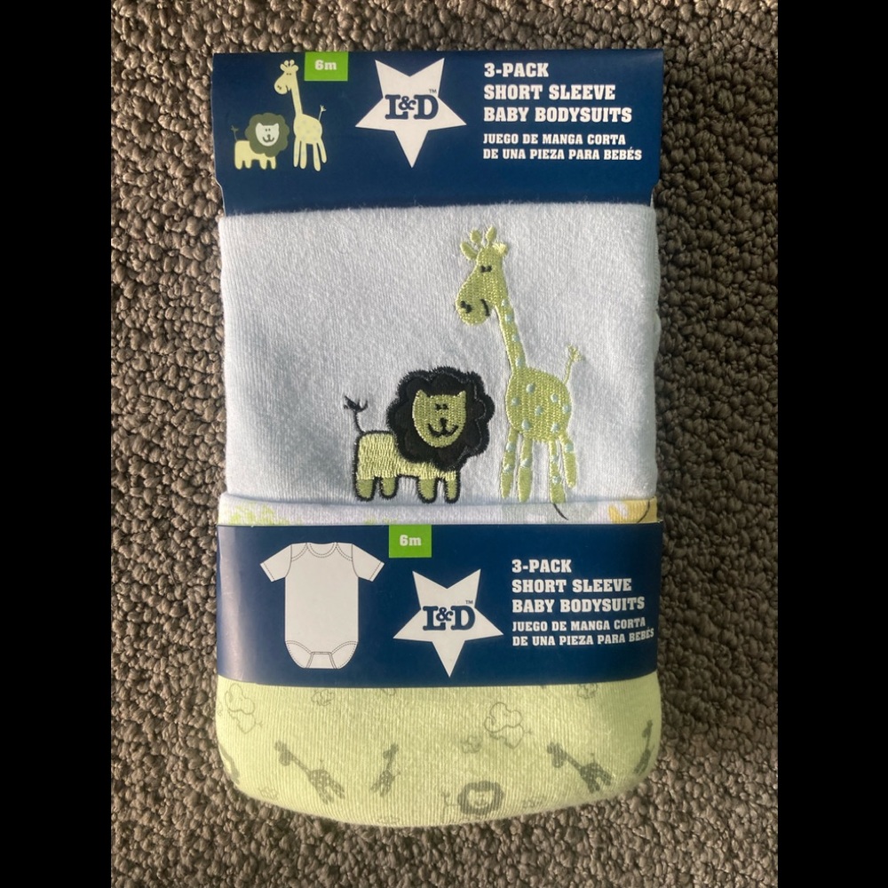 NEW 6M L&D Newborn Baby Lion Giraffe Bodysuit Short Sleeve 3 Pack